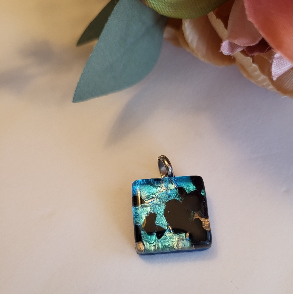 Murano Fused Glass Sign Pendant Cobalt Blue Black Square Gold Foil Jewelry 1"
